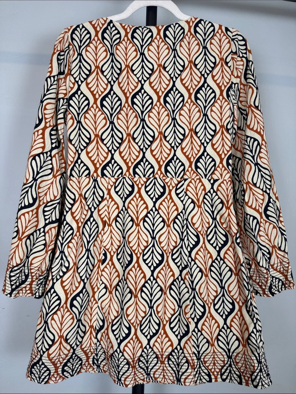 Free People Gia Shift Mini Dress Retro Geometric Fan Print Orange Boho Small EUC